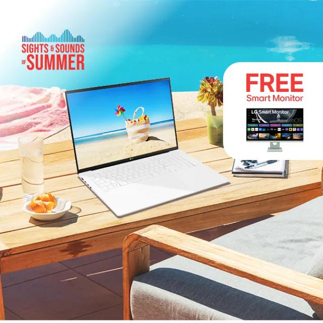“Sights and Sounds of Summer” title badge. LG gram laptop on a poolside table. “Free Smart Monitor” pop-up with LG Smart Monitor. 